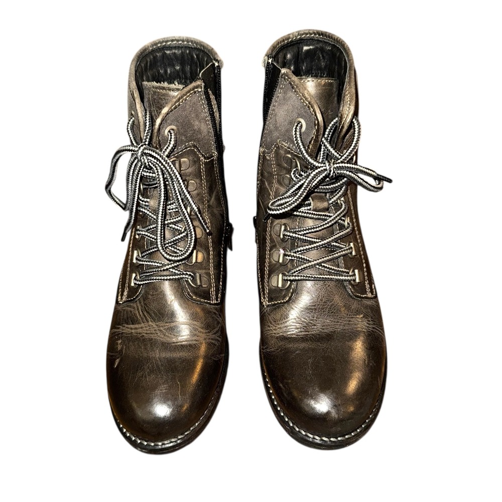 Taos Brown Gray Distressed Leather Lace Up Side Zip Hiking Books 6-6.5 GUC‎